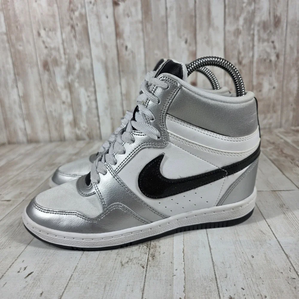 Nike Force Sky High Metallic Silver White Black Wedge 629746-100 Womens 7